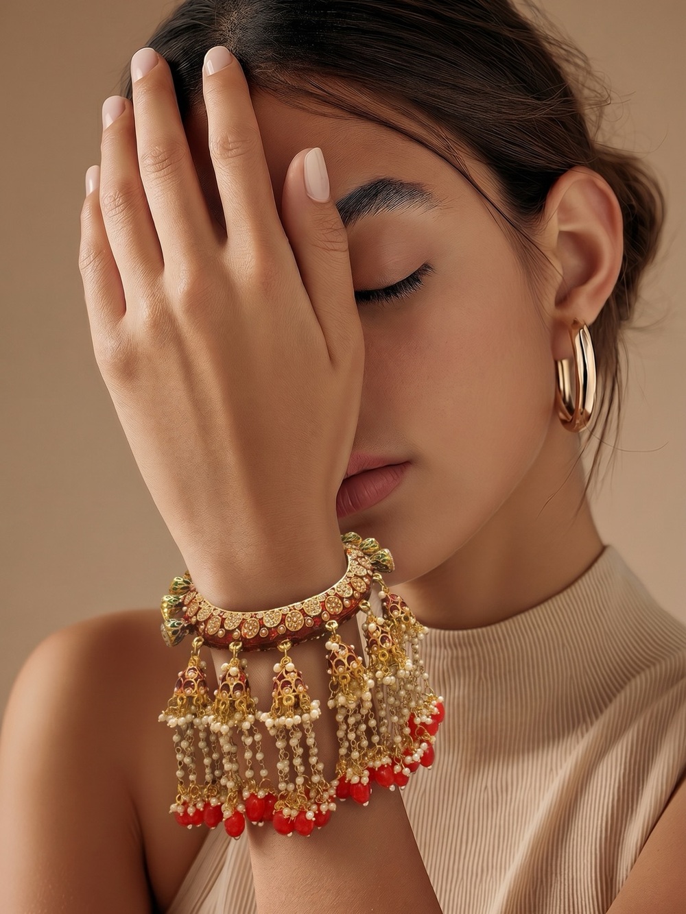 Indian Bridal Cuff Bracelet Gold Red Beads Pearl Dangle Statement Jewelry